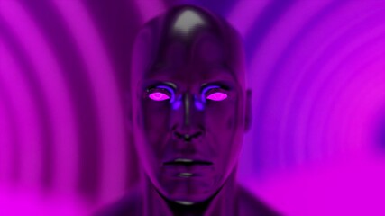 Poster - Futuristic human head with iridescent glare in front of geometric neon, 3d rendering. Computer generated virtual background.
