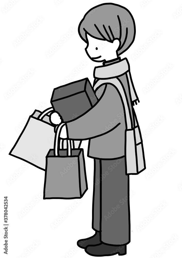 ショッピング セールでたくさんの買い物をして 満足な表情をした男性の手描きモノクロイラスト Fototapety ショッピング セールでたくさんの買い物をして 満足な表情をした男性の手描きモノクロイラスト Fototapety
