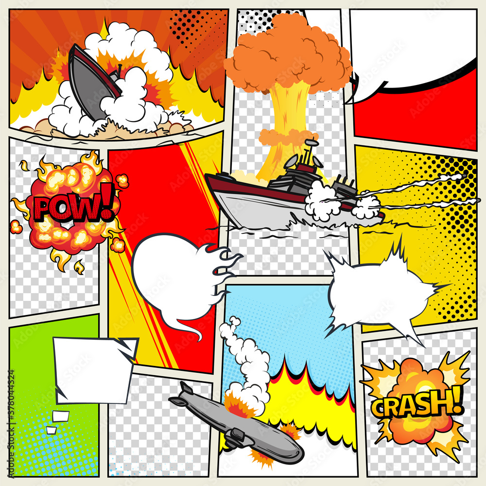 Template comic book page with warships. Comic book page divided by ...