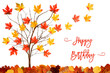 © Nelos - Branches Building Tree With Bright Colorful Leaf Decoration. Red And Yellow Leaves Flying Away Due To Wind. English Text Happy Birthday. White Background