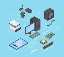 Computer Parts And Connection Diagram Isometric. Central Processor Controls PC Network Audio Strips Connected Power Supply Unit With Adapter Cable Connection Case Control Gadgets USB. Vector Clipart.