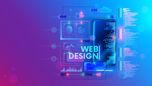 Web develop for mobile phone vector concept. Create Software and app for cell smartphones. Programming or coding site code. Working on a web design of corporate website. Process creates webpages.