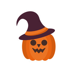 Sticker - halloween pumpkin face with witch hat flat style icon