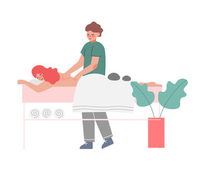 Poster - Therapist Doing Massage to Young Woman Lying Down on Table, Girl Relaxing, Reducing and Managing Stress Cartoon Style Vector Illustration