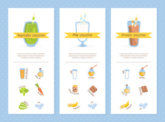 Canvas Print - Smoothie Recipes Set, Vegetable, Milk, Protein, Raw Natural Food Drinks, Healthy Tasty Natural Cocktails Vector Illustration