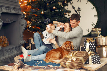 Mother in a gray sweater. Family with christmas gifts. People near fireplace. Family with dog.