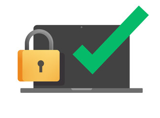Aufkleber - Secure online lock check mark on laptop computer vector icon, protected pc access via padlock verified flat cartoon, internet protection technology, digital electronic security, cyber privacy symbol