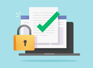 Aufkleber - Document data secure confidential online access locked on laptop computer vector or internet web text file privacy protection block flat icon, concept of private secret digital electronic lock