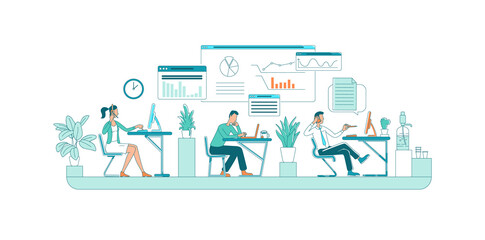 Poster - Office worker flat color vector faceless characters. Company personnel sit at desk. Work on project. Corporate occupation isolated cartoon illustration for web graphic design and animation