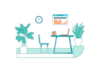Fototapete - Office flat color vector scene. Work place for corporate employee. Desk with computer to analyze data. Cabinet space isolated cartoon illustration for web graphic design and animation