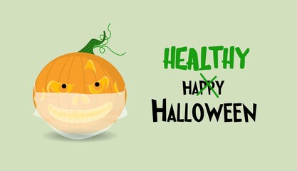Wall Mural - Halloween poster or greeting card. Horizontal banner with a pumpkin wearing a medical mask. Happy Halloween