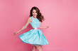 Profile photo of amazing tender lady having fun event prom party dancing night club chilling with friends skirt flying air wear blue teal mini dress isolated pastel pink color background
