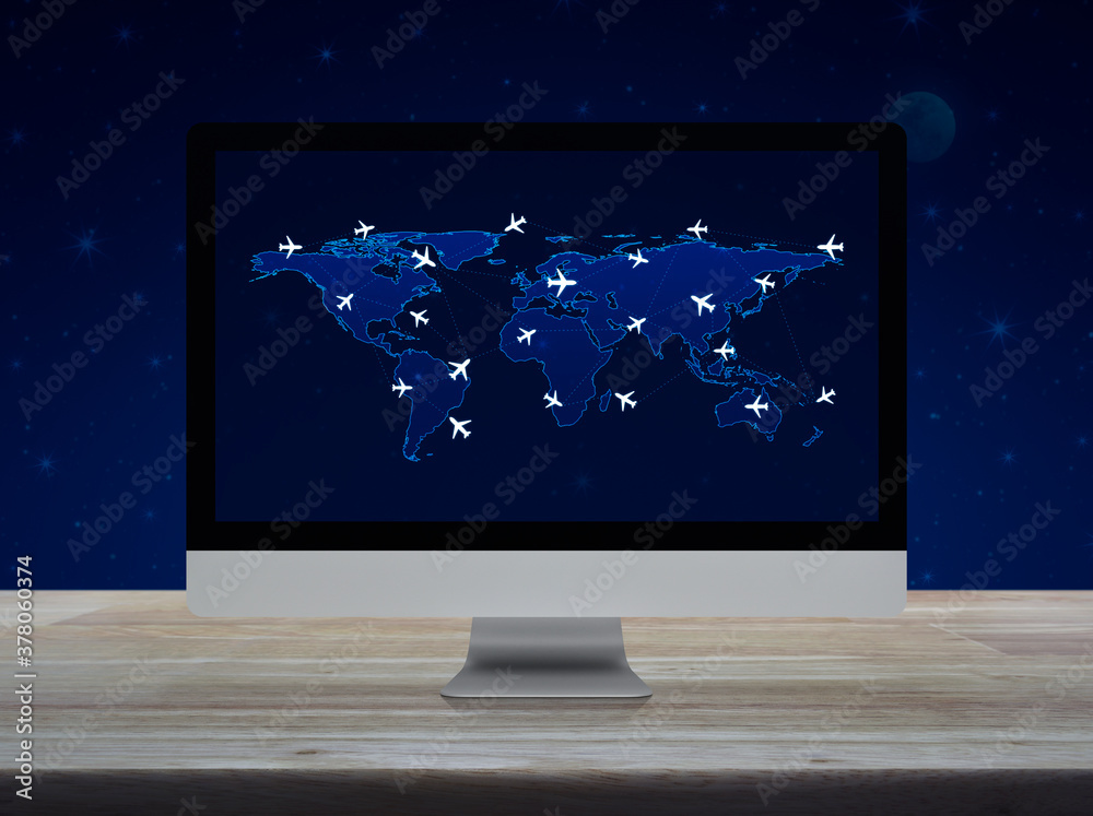 Computer Plane Screen Flight routes airplanes connection and world map with desktop modern ...