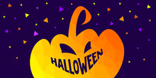 Halloween Illustration. Vector Banner, Card, Poster For Social Media And Networks With The Image Of An Evil Pumpkin. Smile Teeth As A Halloween Text. Orange, Yellow, And Purple. Jack Olantern.