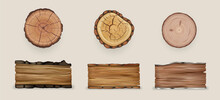 Realistic Wood Set Collection. Illustration Of Realism Style Drawn Wooden Cutting Stumps And Textured Planks On White Background. Mockup Of Cracked Demolished Natural Oak Birch Tree Piece Of Timber.