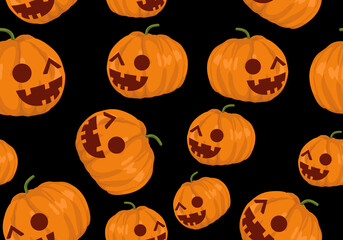 Wall Mural - Halloween seamless pattern for kids. Hand drawn halloween pattern for children. Halloween pattern with orange pumpkins isolated on black background.