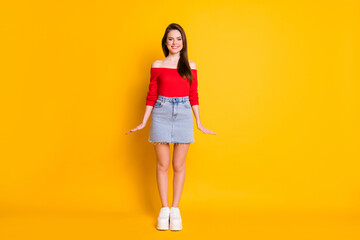 Canvas Print - Full length body size view of her she nice attractive lovely pretty cute slender cheerful brown-haired girl posing isolated over bright vivid shine vibrant yellow color background