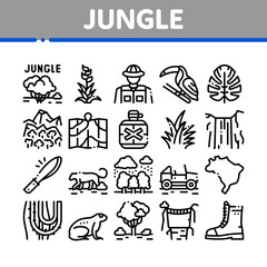 Sticker - Jungle Tropical Forest Collection Icons Set Vector. Jungle Tree And Animal, Waterfall And Wood, Flower And Bush, Boot And Car Concept Linear Pictograms. Monochrome Contour Illustrations