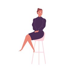 Poster - Stylish woman in elegant dress sitting on bar chair vector flat illustration. Trendy business female in glasses and feminine apparel isolated on white. Cute businesswoman or office worker