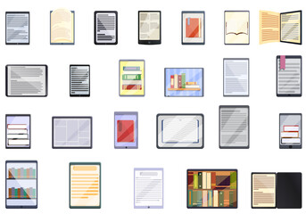 Poster - E-book application icons set. Cartoon set of e-book application vector icons for web design