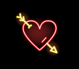 Poster - Red heart stricken by arrow neon symbol vector flat illustration. Bright romantic sign of love, amour, date or Valentine s Day isolated on black. Illuminating logo of fondness in outline style