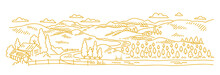 Rural Landscape. Garden Trees. Village Field And The Hills. Hand Drawn Sketch. Countryside. Contour Vector Line. Horizontal Banner.