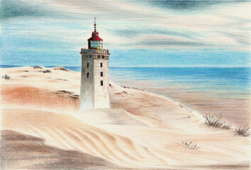 Watercolor pencil illustration of a Rubjerg Knude Lighthouse оn a sandy shore with an ocean in the background