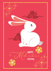 Poster - happy mid autumn lettering card with rabbit and clouds