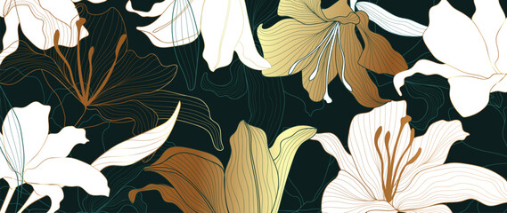luxury gold floral line art wallpaper vector. Exotic botanical background, Lily flower vintage boho style for textiles, wall art, fabric, wedding invitation, cover design Vector illustration.