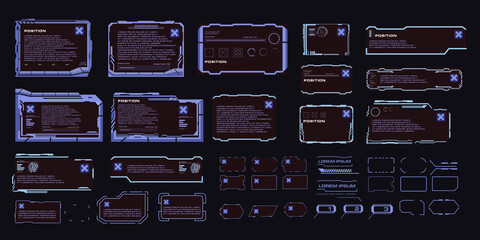 Poster - Set of cyber punk digital techno frames for HUD style user interface. Panels, windows, information blocks, frames with text. Set of vector frames with HUD, GUI, UI elements