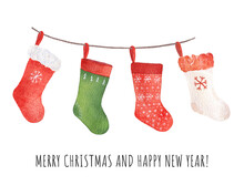 Watercolor Christmas Colourful Socks For Presents Isolated On White Background.