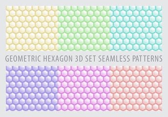 Wall Mural - seamless geometric hexagon 3d. pastel color geometry pattern set. yellow, green, blue, purple, pink,