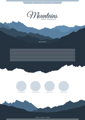 Vector Website Template Design with blue mountain ridge silhouettes.