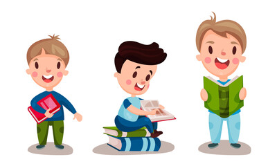 Sticker - Little Children Sitting and Standing Reading Book Vector Illustrations Set