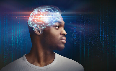 Poster - Artificial Intelligence. African American Man Profile With Digital Brain Hologram, Creative Collage