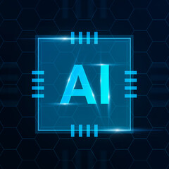 Poster - Creative AI Logo In Computer Microchip Design Over Abstract Cell Background