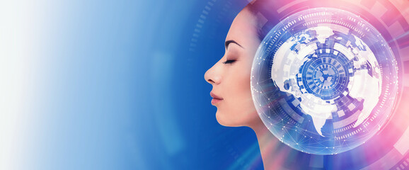 Poster - AI Technologies. Side view of woman with robotic abstract digital globe as brain