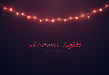 Poster - Christmas background with glowing lights isolated. Colorful bright Xmas garland. Vector glow light bulbs on wire strings. 