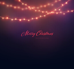 Poster - Christmas background with glowing lights isolated. Colorful bright Xmas garland. Vector glow light bulbs on wire strings. 