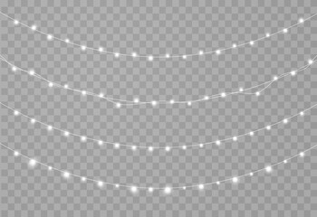 Poster - Christmas lights isolated on transparent background. Glowing light bulbs on string.