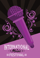 Wall Mural - international music festival poster with microphone in purple background