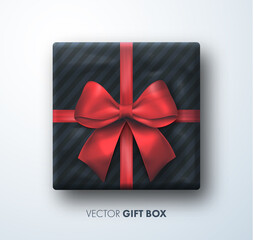 Wall Mural - realistic black gift box with red bow. gift presents view top. happy new year. merry christmas banne