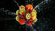 Leinwandbild Motiv Freeze Motion Shot of Fresh Fruits with Splashing Water Isolated on Black Background.
