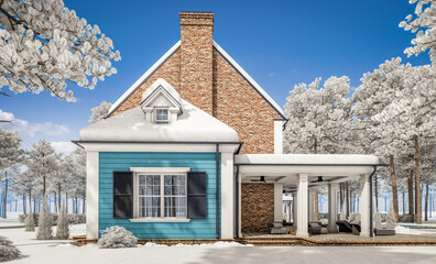 3d rendering of modern cozy classic house in colonial style with garage and pool for sale or rent with beautiful landscaping on background. Cool winter day with shiny white snow.