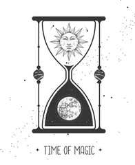 Wall Mural - Modern magic witchcraft card with astrology hourglass with sun and moon inside. Day and nignt. Realistic hand drawing illustration of sun with human face