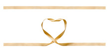 A Curly Gold Heart Shape Ribbon For Christmas And Birthday Present Banner Set Isolated Against A White Background.