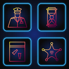 Poster - Set line Hexagram sheriff, Evidence bag and bullet, Police officer and Old hourglass with sand. Gradient color icons. Vector.