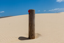 A Single Timber Post With A Reflector Among Sand Dunes.