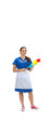 © master1305 - Smiling. Portrait of female made, housemaid, cleaning worker in white and blue uniform isolated over white background. Copyspace for ad. Concept of professional occupation, job, emotions.