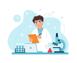 Scientist at work, male character conducting experiments in lab. illustration in flat style